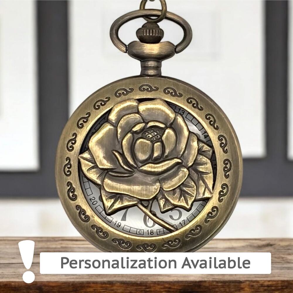 Rose Pocket Watch - Personalized Vintage Bronze Pendant Watch Floral Flower Gift